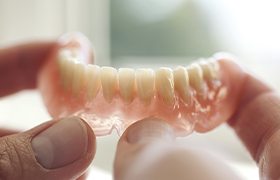 Hand holding a full denture