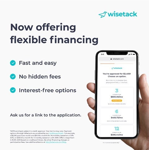 list of Wisetack benefits and a phone